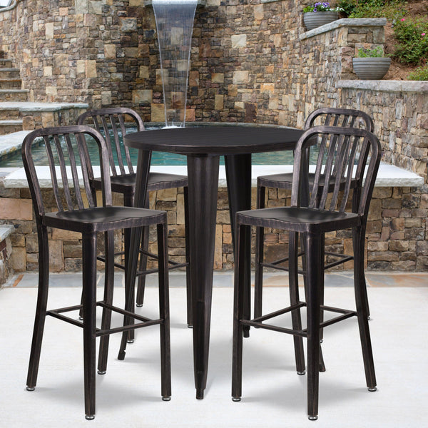 Black-Antique Gold |#| 30inch Round Black-Gold Metal Indoor-Outdoor Bar Table Set with 4 Slat Back Stools