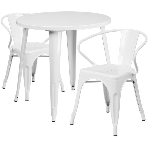 White |#| 30inch Round White Metal Indoor-Outdoor Table Set with 2 Arm Chairs