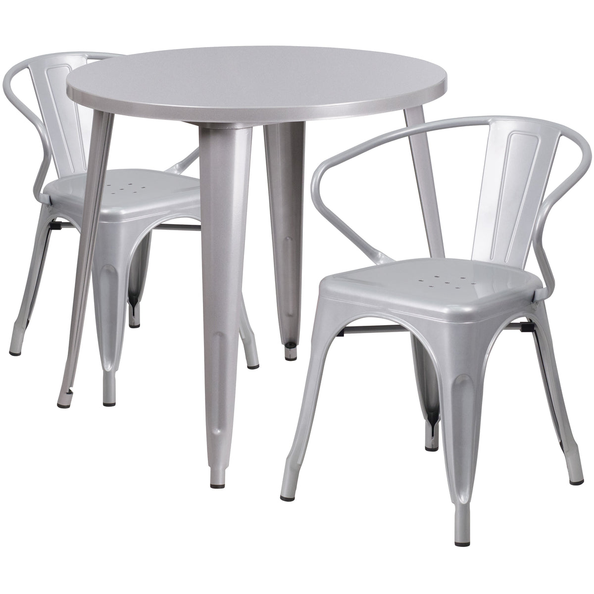 Silver |#| 30inch Round Silver Metal Indoor-Outdoor Table Set with 2 Arm Chairs