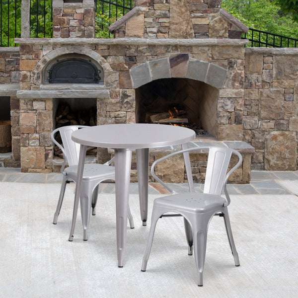 Silver |#| 30inch Round Silver Metal Indoor-Outdoor Table Set with 2 Arm Chairs