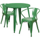 Green |#| 30inch Round Green Metal Indoor-Outdoor Table Set with 2 Arm Chairs