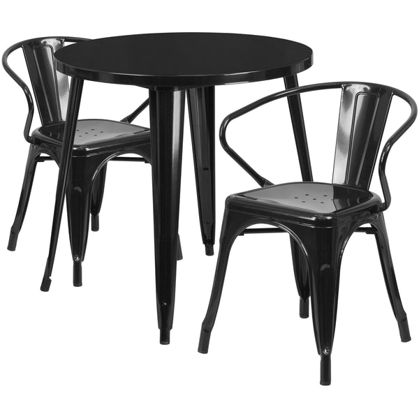 Black |#| 30inch Round Black Metal Indoor-Outdoor Table Set with 2 Arm Chairs