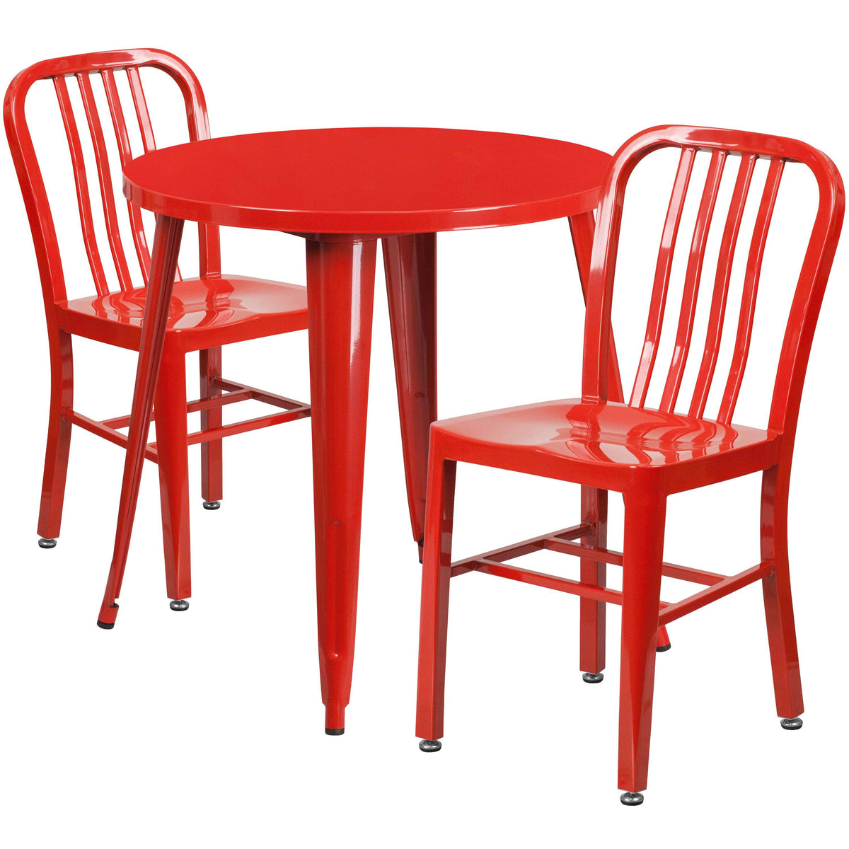 Red |#| 30inch Round Red Metal Indoor-Outdoor Table Set with 2 Vertical Slat Back Chairs