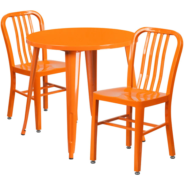 Orange |#| 30inch Round Orange Metal Indoor-Outdoor Table Set with 2 Vertical Slat Back Chairs