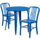 Blue |#| 30inch Round Blue Metal Indoor-Outdoor Table Set with 2 Vertical Slat Back Chairs