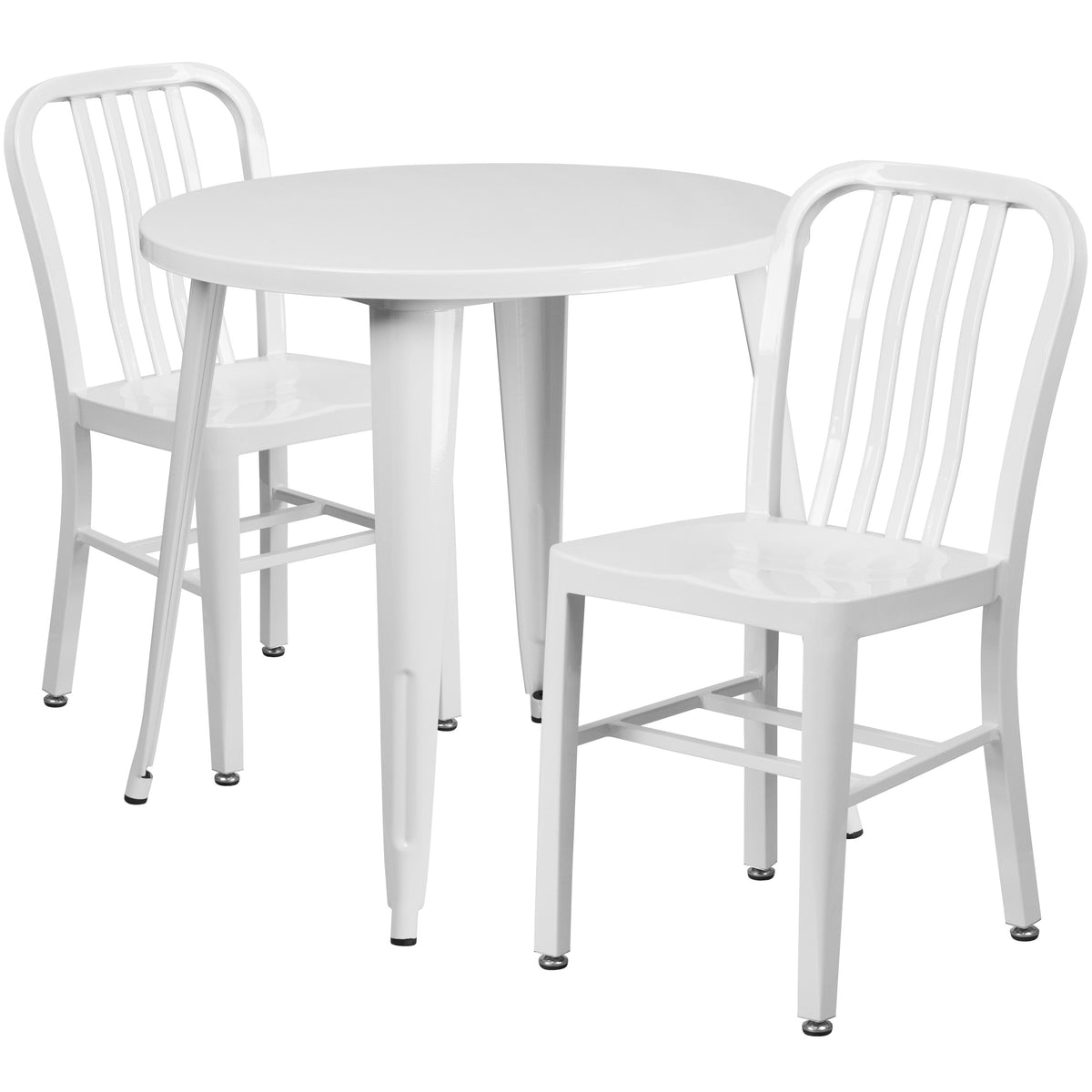 White |#| 30inch Round White Metal Indoor-Outdoor Table Set with 2 Vertical Slat Back Chairs