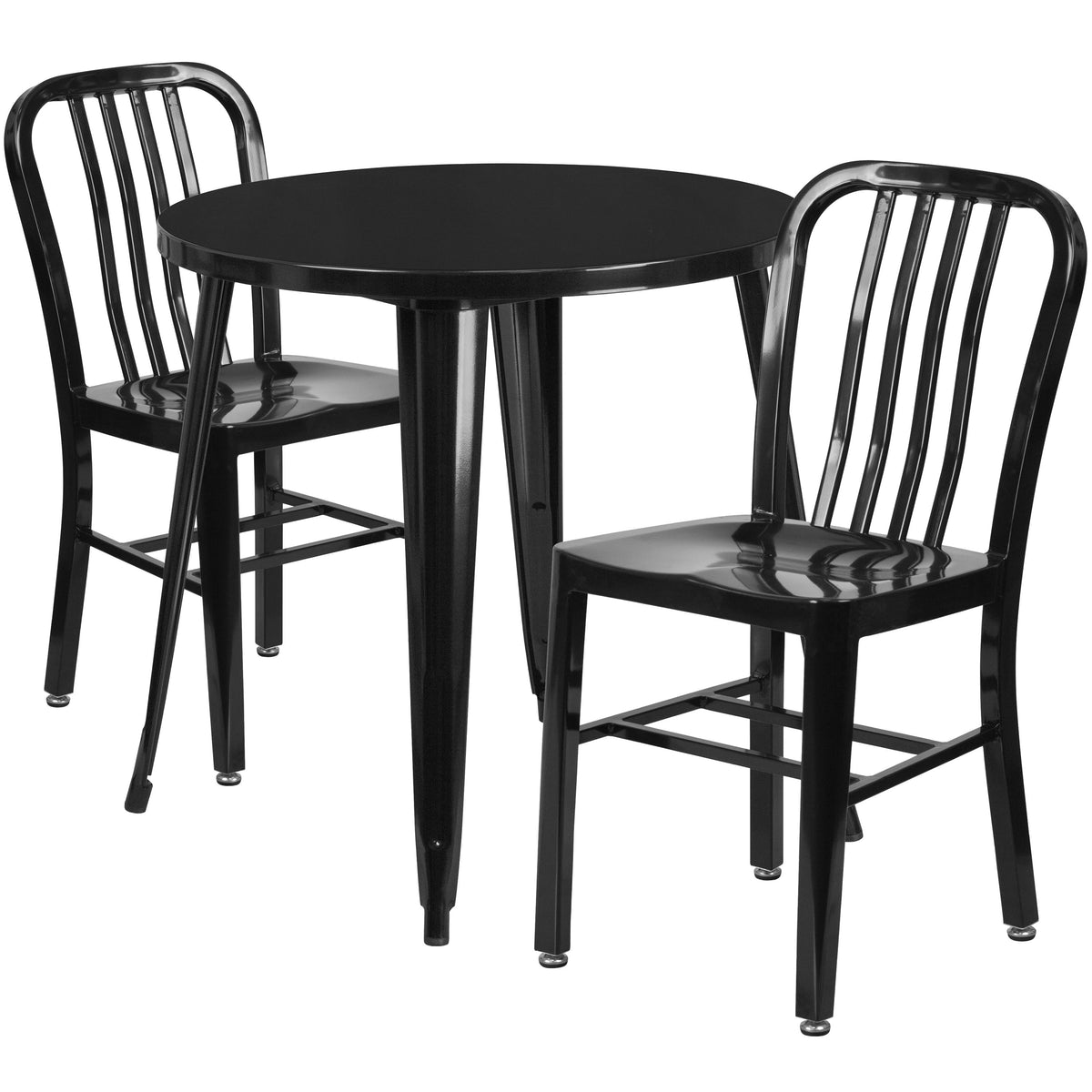 Black |#| 30inch Round Black Metal Indoor-Outdoor Table Set with 2 Vertical Slat Back Chairs