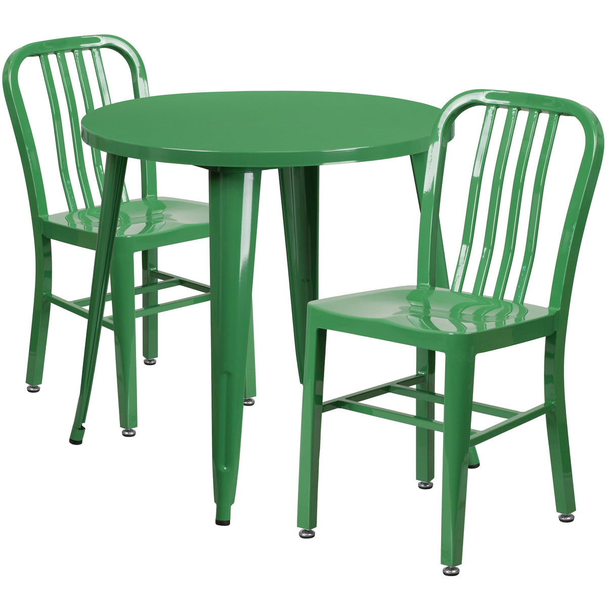 Green |#| 30inch Round Green Metal Indoor-Outdoor Table Set with 2 Vertical Slat Back Chairs