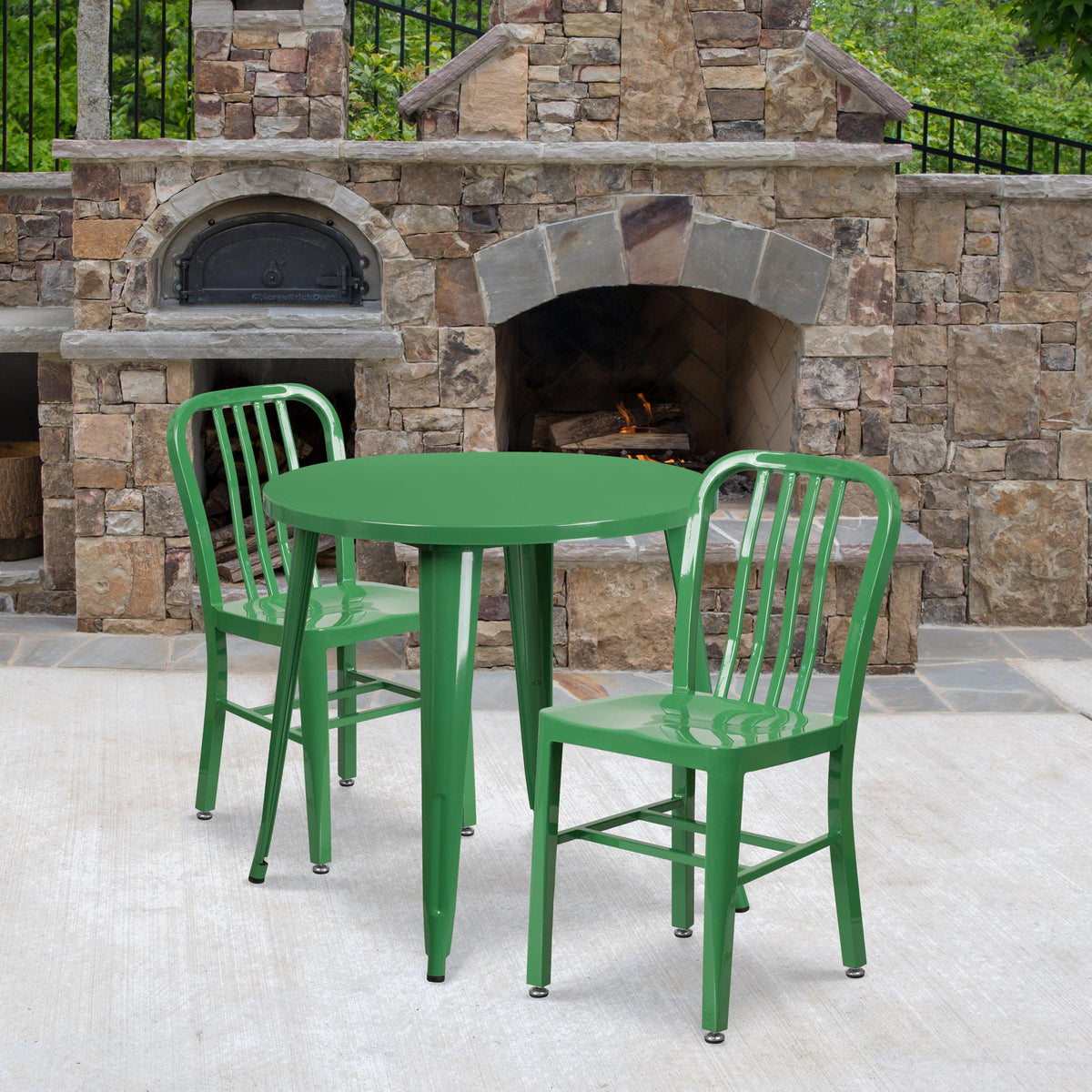 Green |#| 30inch Round Green Metal Indoor-Outdoor Table Set with 2 Vertical Slat Back Chairs