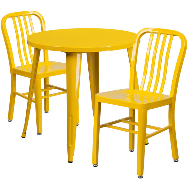 Yellow |#| 30inch Round Yellow Metal Indoor-Outdoor Table Set with 2 Vertical Slat Back Chairs