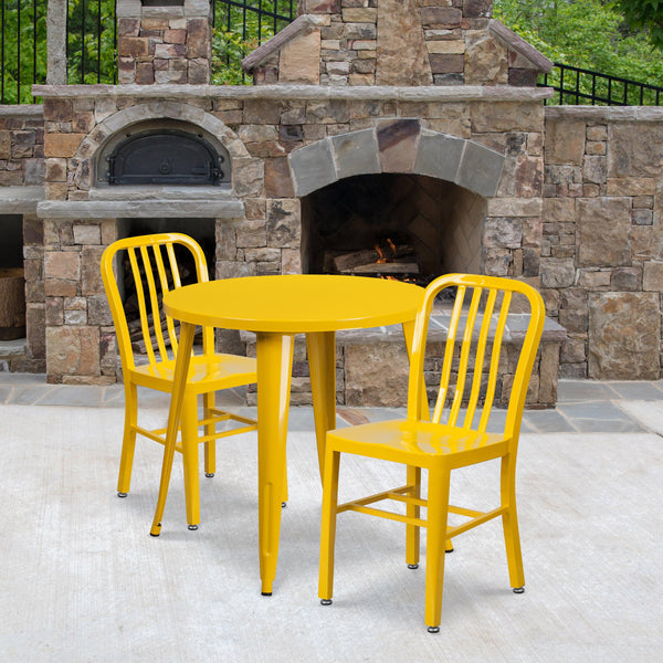 Yellow |#| 30inch Round Yellow Metal Indoor-Outdoor Table Set with 2 Vertical Slat Back Chairs