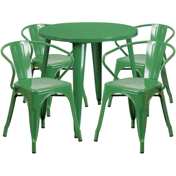 Green |#| 30inch Round Green Metal Indoor-Outdoor Table Set with 4 Arm Chairs