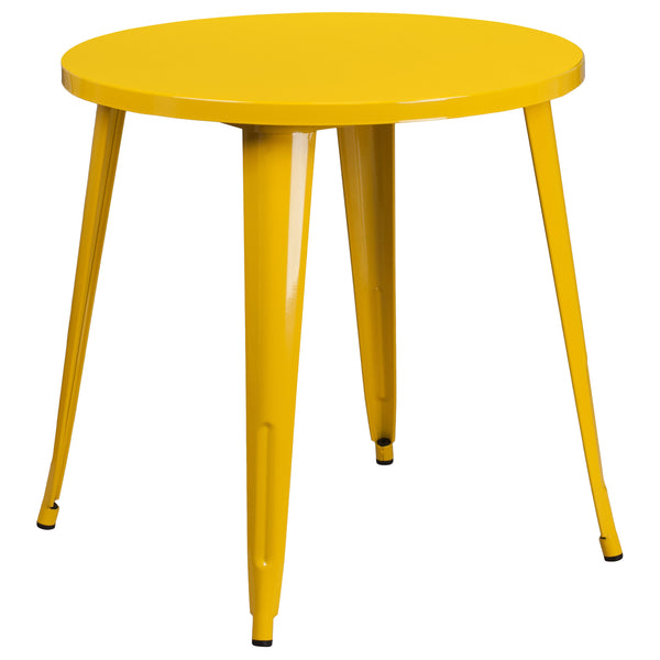 Yellow |#| 30inch Round Yellow Metal Indoor-Outdoor Table Set with 4 Arm Chairs