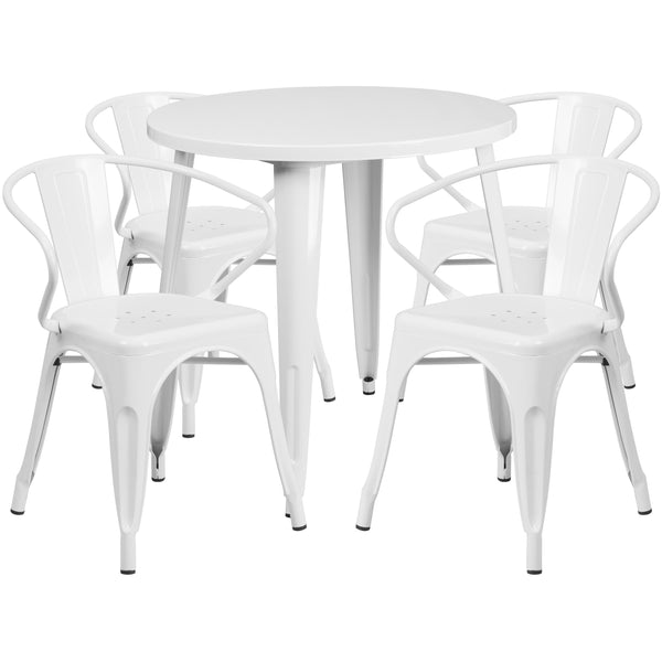 White |#| 30inch Round White Metal Indoor-Outdoor Table Set with 4 Arm Chairs