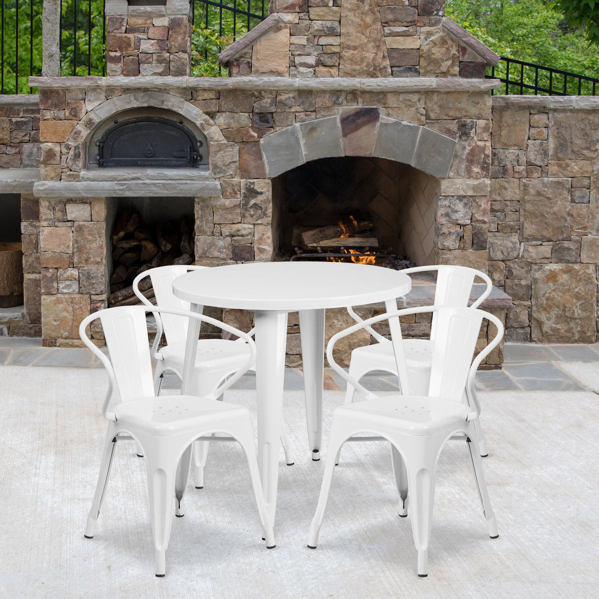 White |#| 30inch Round White Metal Indoor-Outdoor Table Set with 4 Arm Chairs