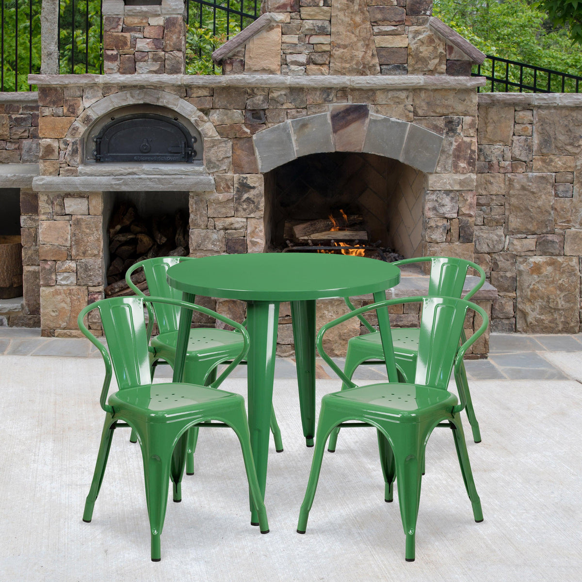 Green |#| 30inch Round Green Metal Indoor-Outdoor Table Set with 4 Arm Chairs