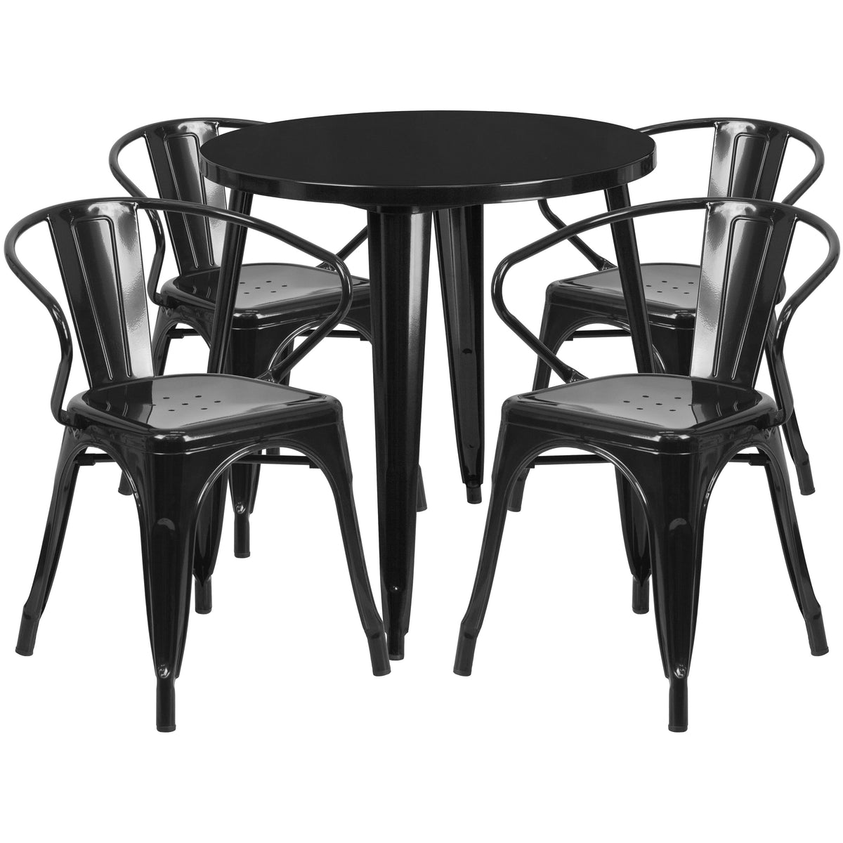 Black |#| 30inch Round Black Metal Indoor-Outdoor Table Set with 4 Arm Chairs