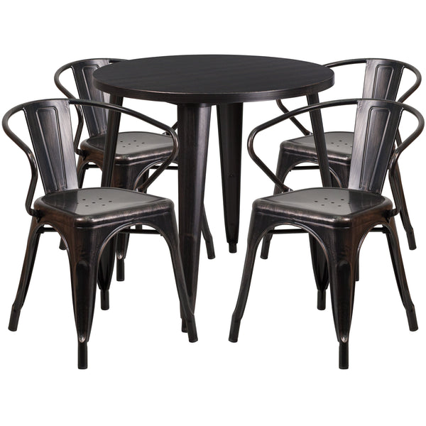 Black-Antique Gold |#| 30inch Round Black-Antique Gold Metal Indoor-Outdoor Table Set with 4 Arm Chairs