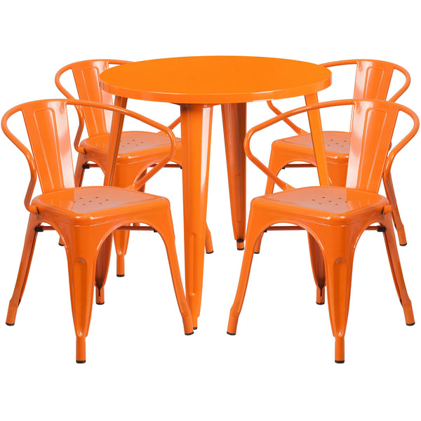 Orange |#| 30inch Round Orange Metal Indoor-Outdoor Table Set with 4 Arm Chairs