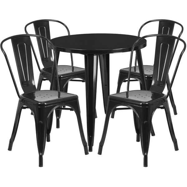 Black |#| 30inch Round Black Metal Indoor-Outdoor Table Set with 4 Cafe Chairs