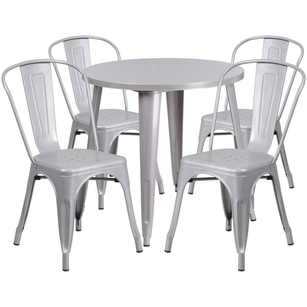 Silver |#| 30inch Round Silver Metal Indoor-Outdoor Table Set with 4 Cafe Chairs