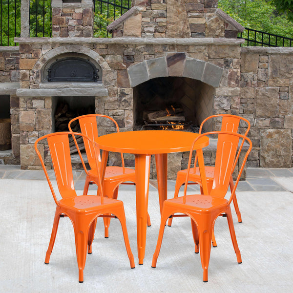 Orange |#| 30inch Round Orange Metal Indoor-Outdoor Table Set with 4 Cafe Chairs