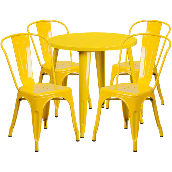 Yellow |#| 30inch Round Yellow Metal Indoor-Outdoor Table Set with 4 Cafe Chairs