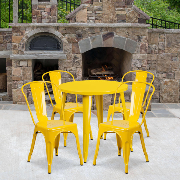 Yellow |#| 30inch Round Yellow Metal Indoor-Outdoor Table Set with 4 Cafe Chairs