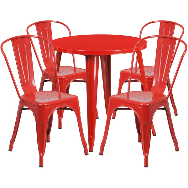 Red |#| 30inch Round Red Metal Indoor-Outdoor Table Set with 4 Cafe Chairs