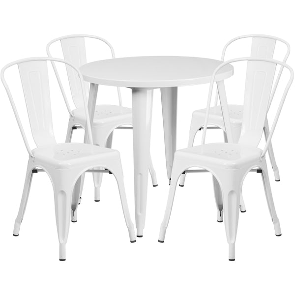 White |#| 30inch Round White Metal Indoor-Outdoor Table Set with 4 Cafe Chairs