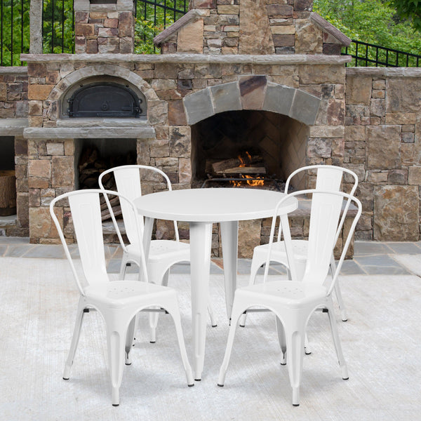 White |#| 30inch Round White Metal Indoor-Outdoor Table Set with 4 Cafe Chairs