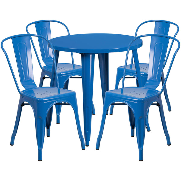 Blue |#| 30inch Round Blue Metal Indoor-Outdoor Table Set with 4 Cafe Chairs