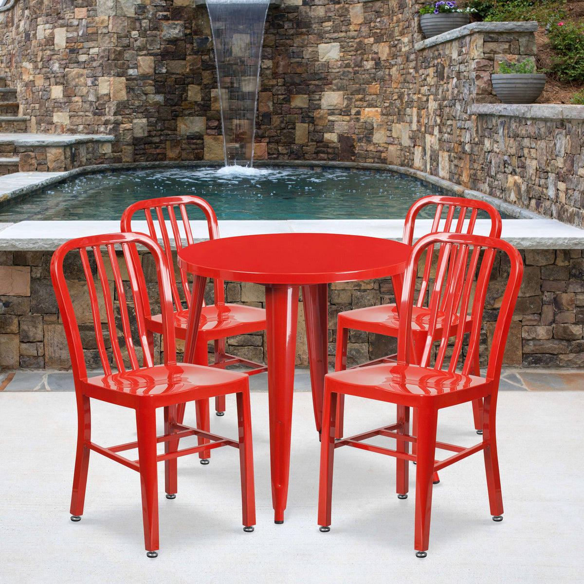 Red |#| 30inch Round Red Metal Indoor-Outdoor Table Set with 4 Vertical Slat Back Chairs