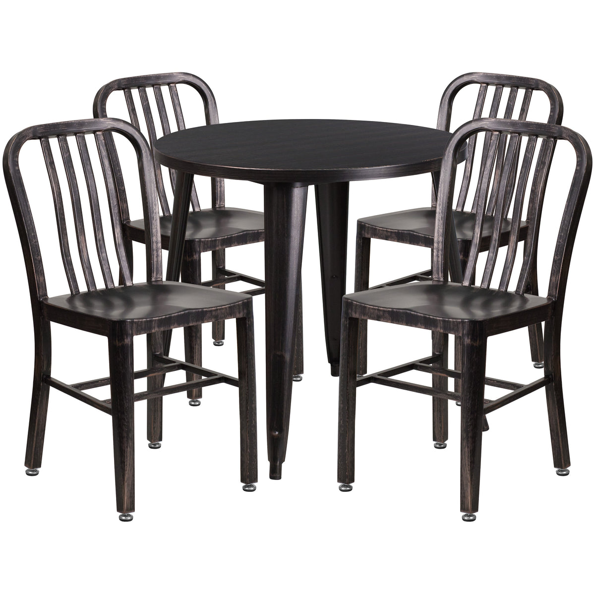 Black-Antique Gold |#| 30inch Round Black-Gold Metal Indoor-Outdoor Table Set with 4 Slat Back Chairs