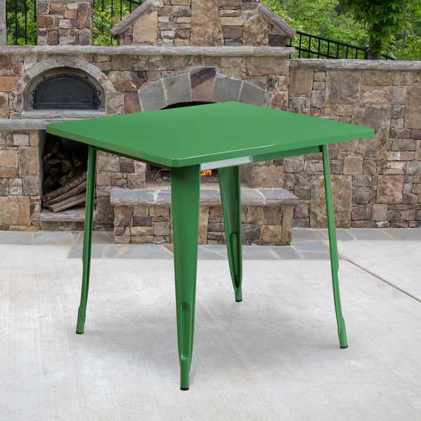 Green |#| 31.5inch Square Green Metal Indoor-Outdoor Table - Hospitality Furniture