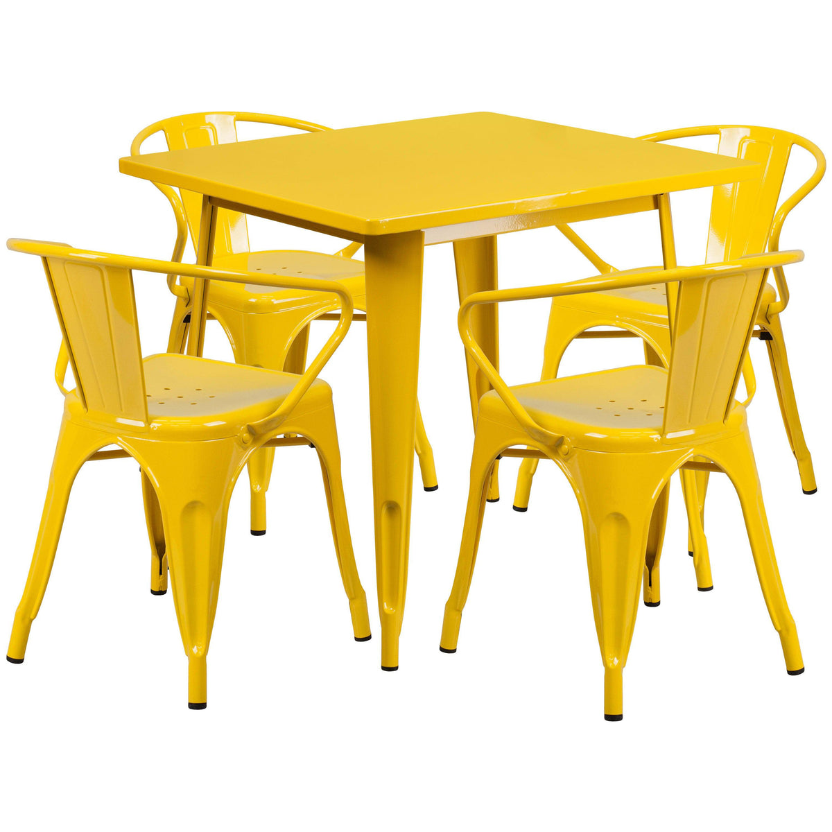 Yellow |#| 31.5inch Square Yellow Metal Indoor-Outdoor Table Set with 4 Arm Chairs