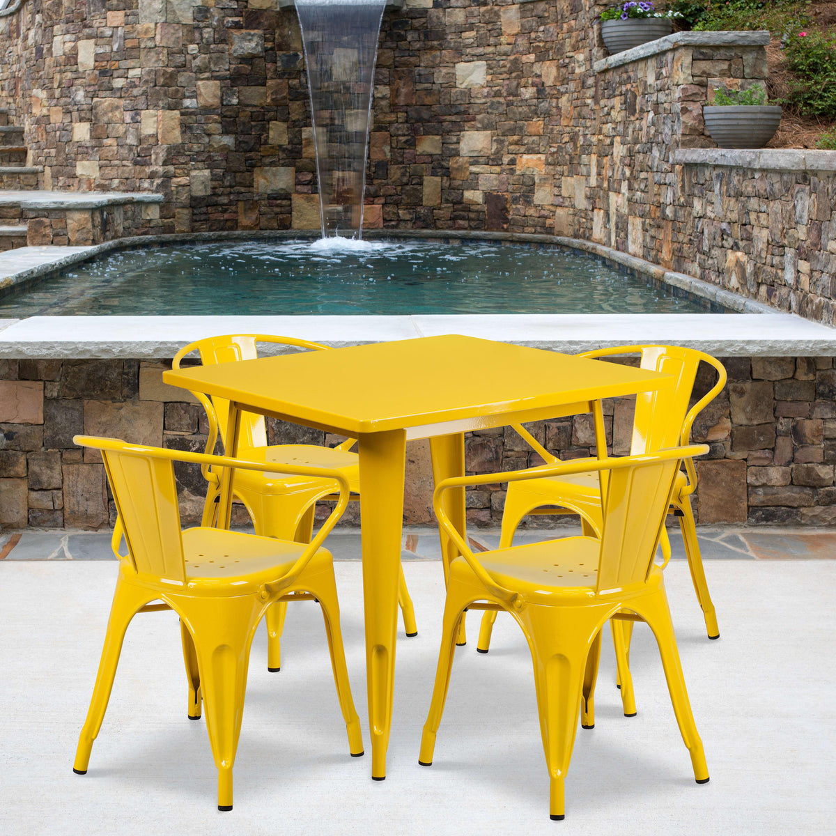 Yellow |#| 31.5inch Square Yellow Metal Indoor-Outdoor Table Set with 4 Arm Chairs