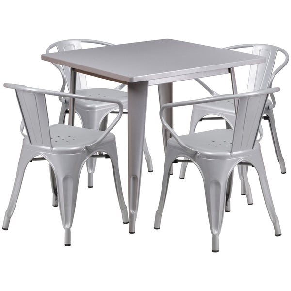 Silver |#| 31.5inch Square Silver Metal Indoor-Outdoor Table Set with 4 Arm Chairs