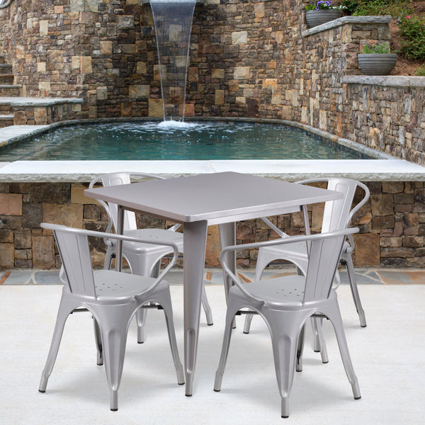 Silver |#| 31.5inch Square Silver Metal Indoor-Outdoor Table Set with 4 Arm Chairs