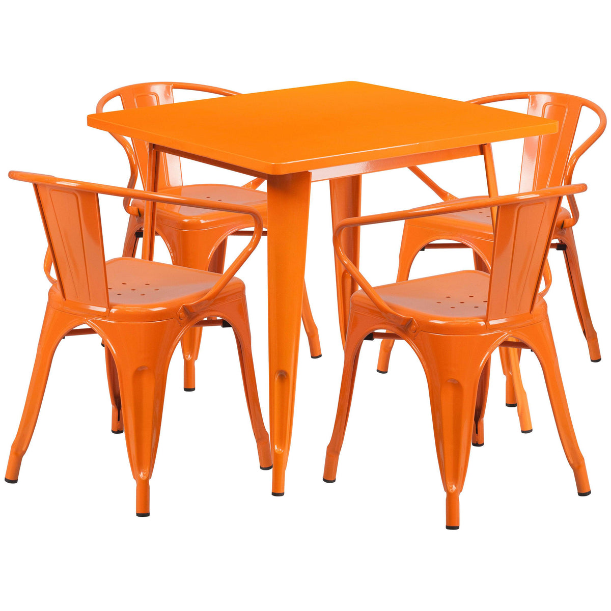 Orange |#| 31.5inch Square Orange Metal Indoor-Outdoor Table Set with 4 Arm Chairs