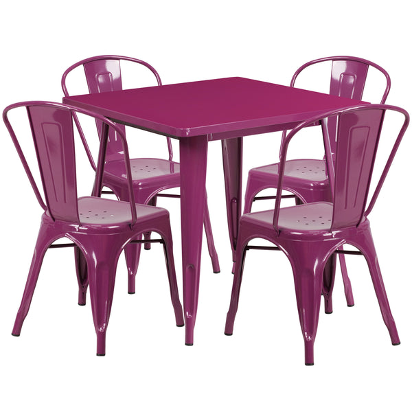 Purple |#| 31.5inch Square Purple Metal Indoor-Outdoor Table Set with 4 Stack Chairs