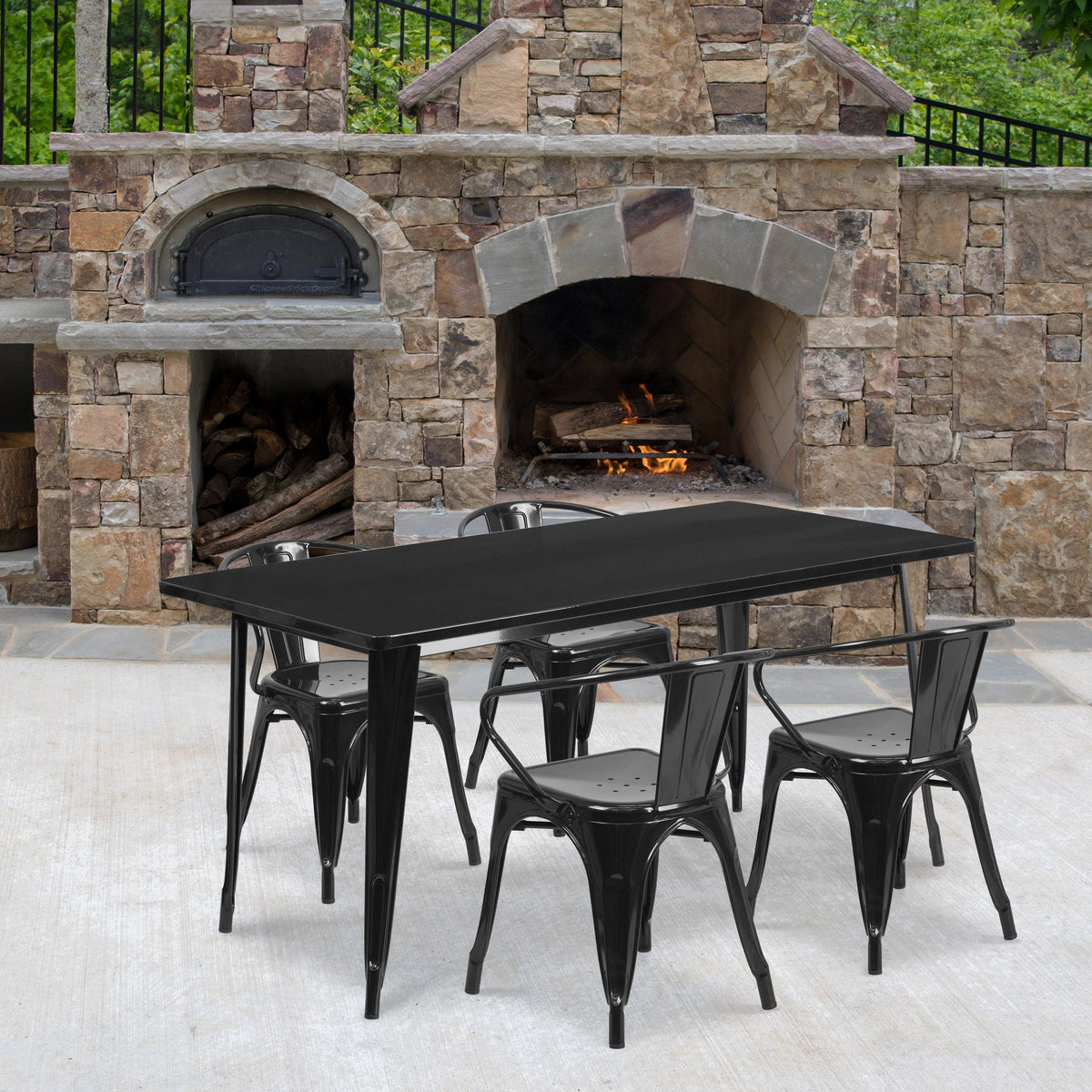 Black |#| 31.5inch x 63inch Rectangular Black Metal Indoor-Outdoor Table Set with 4 Arm Chairs