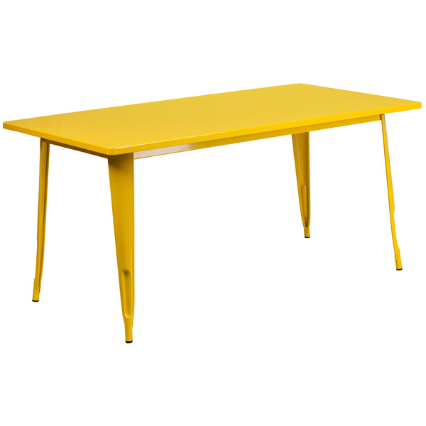 Yellow |#| 31.5inch x 63inch Rectangular Yellow Metal Indoor-Outdoor Table Set with 4 Arm Chairs