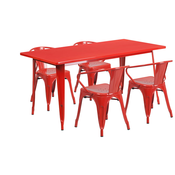 Red |#| 31.5inch x 63inch Rectangular Red Metal Indoor-Outdoor Table Set with 4 Arm Chairs