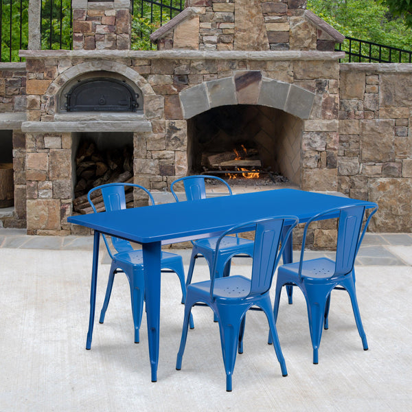 Blue |#| 31.5inch x 63inch Rectangular Blue Metal Indoor-Outdoor Table Set w/ 4 Stack Chairs