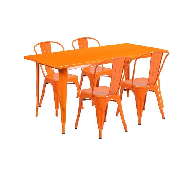 Orange |#| 31.5inch x 63inch Rectangular Orange Metal Indoor-Outdoor Table Set w/ 4 Stack Chairs