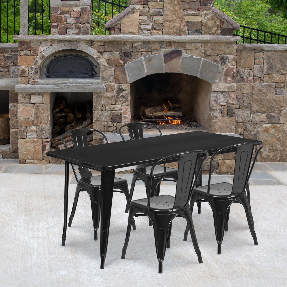 Black |#| 31.5inch x 63inch Rectangular Black Metal Indoor-Outdoor Table Set w/ 4 Stack Chairs