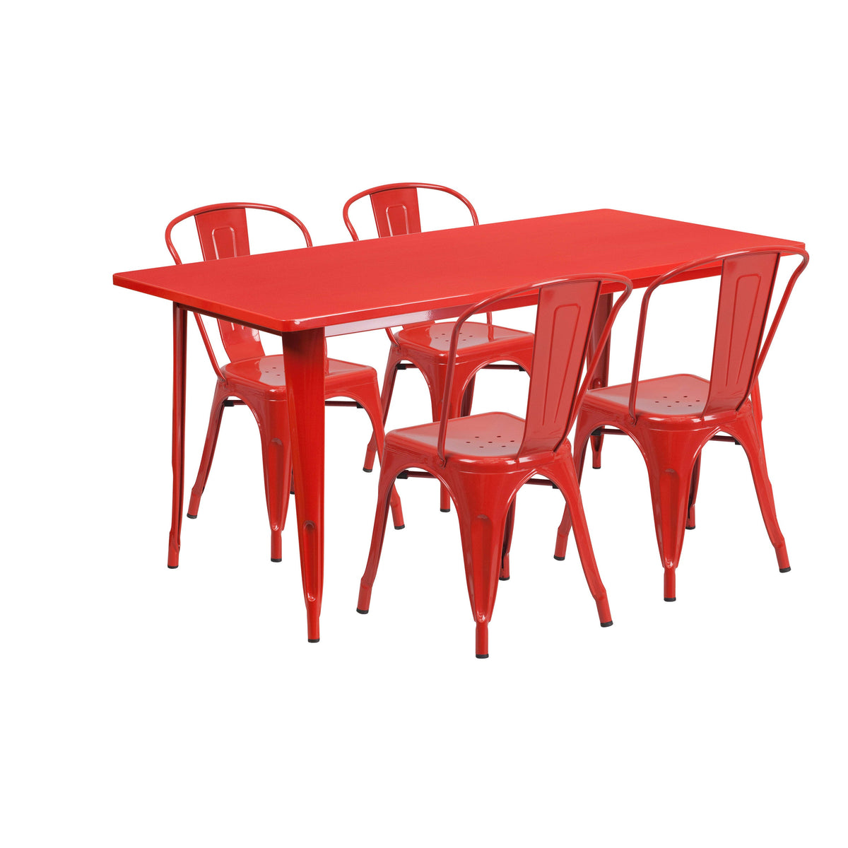 Red |#| 31.5inch x 63inch Rectangular Red Metal Indoor-Outdoor Table Set with 4 Stack Chairs
