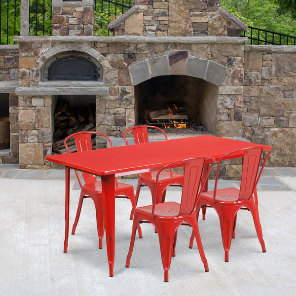 Red |#| 31.5inch x 63inch Rectangular Red Metal Indoor-Outdoor Table Set with 4 Stack Chairs
