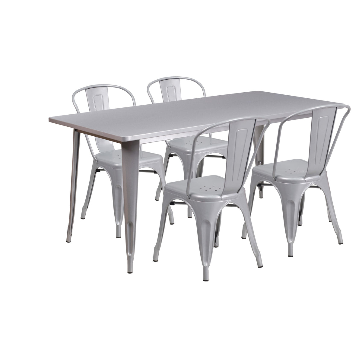 Silver |#| 31.5inch x 63inch Rectangular Silver Metal Indoor-Outdoor Table Set w/ 4 Stack Chairs